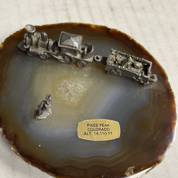 Agate Geode Mineral Crystal Rock Mine Figurine with Pewter Miners & Train Pyrite - Picture 1 of 10